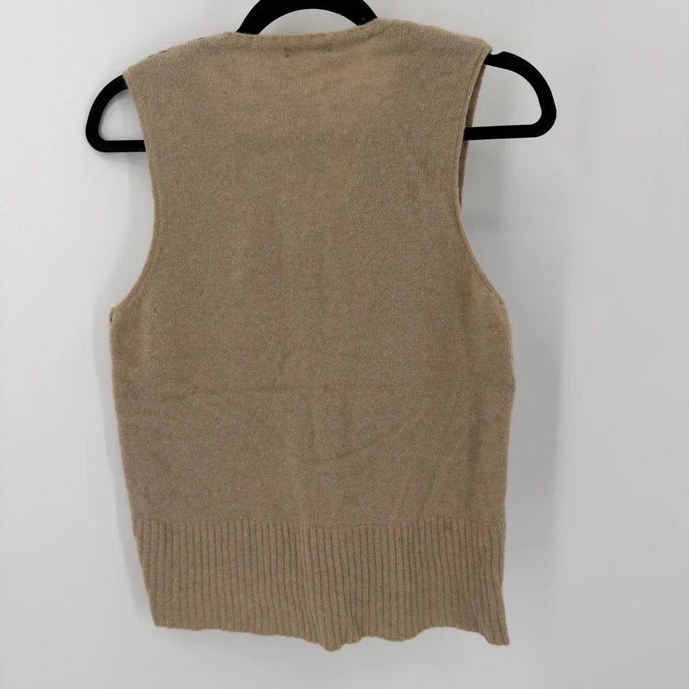 J. Crew Houndstooth Knit Vest Women's Size L Lambswool Blend V Neck Tan Brown